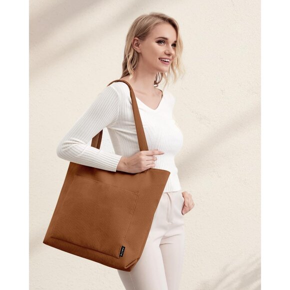 Women Brown Corduroy Large Shoulder Tote Shopping Bag with Zipper and Pockets - Picture 2 of 7